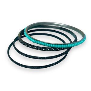 4 Bangles Bracelet: Black, Silver, and Blue Turquoise Beads